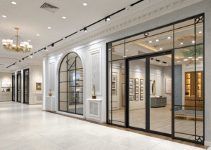 Modern showroom interior with large glass panels, elegant mirrors, and architectural hardware, bright white and light grey background, premium glass supplier serving builders, architects, and homeowners.